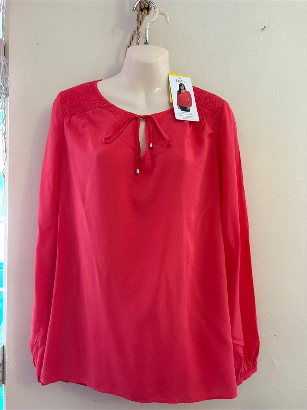 Dalia Women's Coral Red Tie-Front Smocked Yoke BlouseRAYON